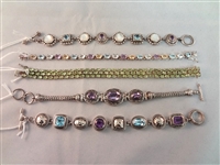 (5) Sterling Silver Tennis Bracelets with Amethyst, Topaz, Peridot, Sapphires, Citrine
