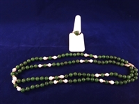14K Gold Dark Green Jade Necklace and Ring Set