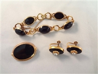 Victorian Mourning Jewelry Group Black Stone Accent Bracelet, Brooch, Earrings