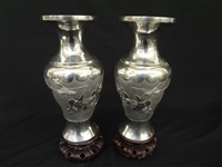 Pair Chinese Export Early 20th Century Silver Vases on Teak Stands