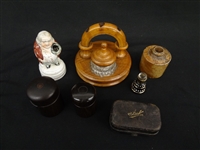 (6) Various Form Inkwells: Wood, Porcelain, Stoneware, Glass