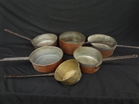 (6) Vintage Rustic Copper Pots with Handles