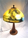 Reverse Painted Table Lamp: Decal Landscape Scene Base Marked C.C. Co.