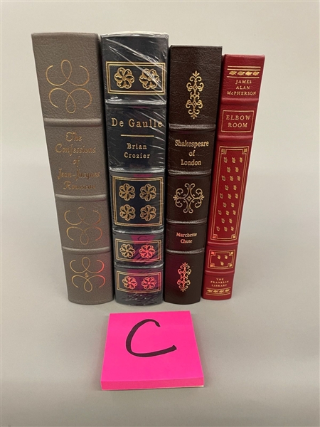 (4) Franklin Library, Easton Press Books: De Gaulle, Shakespeare in London, Confessions Jean Jacques Rousseau, Elbow Room