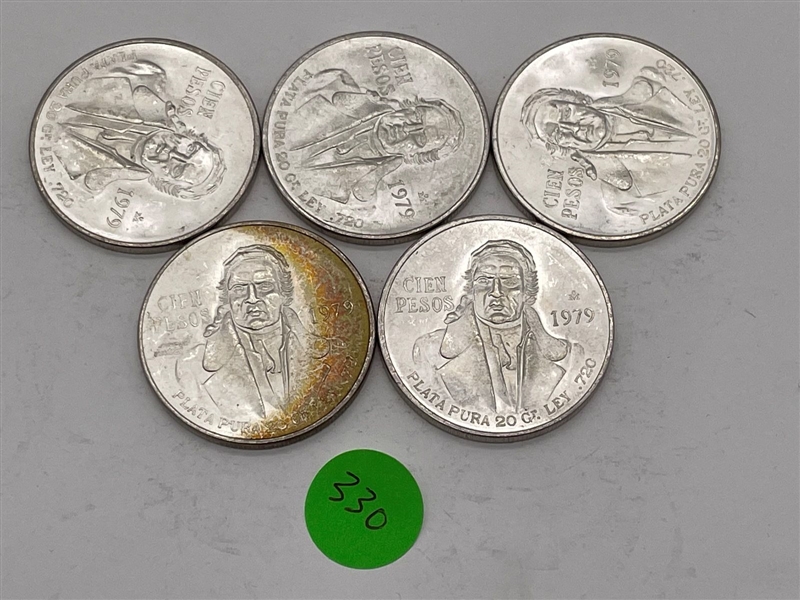 (5) 1979 Mexico 100 Pesos .720 Silver Coins Uncirculated (#330)