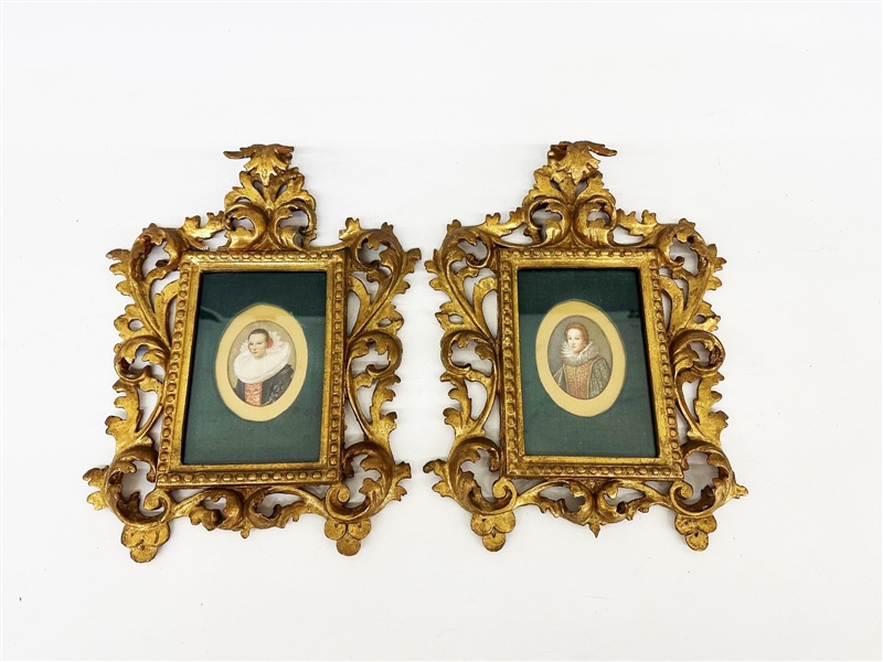 Pair of Ida Calzolari Hand Painted Miniatures in High Pierce Ornate Frames