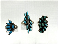 (3) Zuni Petit Point Sterling Silver Turquoise Rings