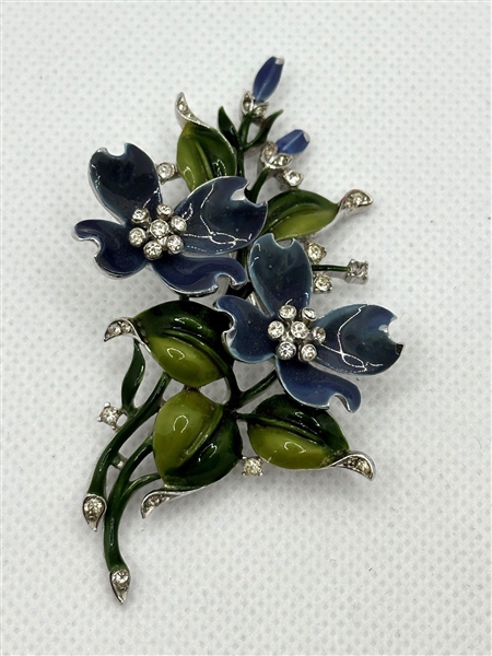 Crown Trifari Alfred Philippe Blue Enamel Flower Brooch