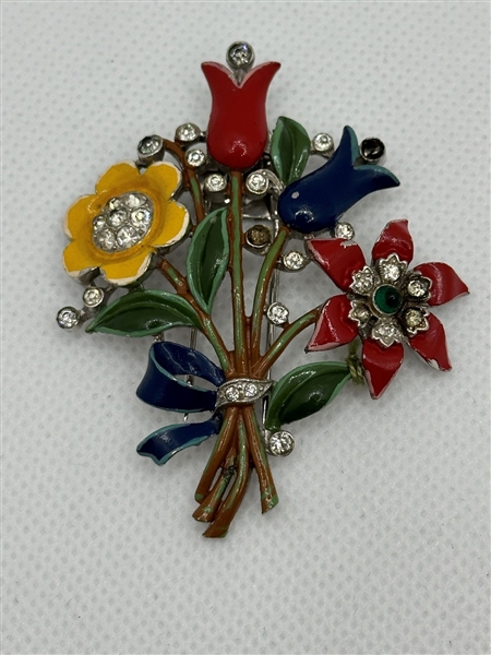 Crown Trifari Alfred Philippe Multi Color Enamel Flower Fur Clip