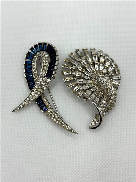 (2) Boucher Brooches With Clear and Blue Rhinestones