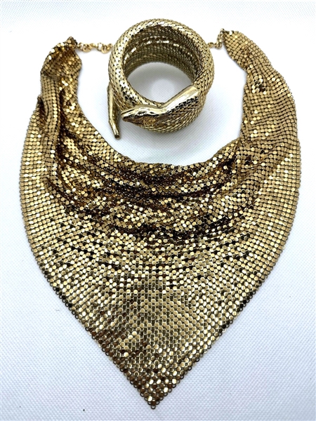 Whiting and Davis Gold Mesh Bib Necklace and Matching Snake Coil Bracelet
