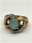 14k Yellow Gold Chunky Textured Ring with Opal Cabochon Diamond Surround