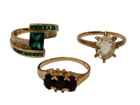 (3) 10k Gold Rings with Emeralds, Hiddenite, Black Onyx