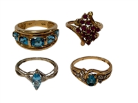 (4) 10k Gold Rings with Rubies, Aquamarine, and Topaz