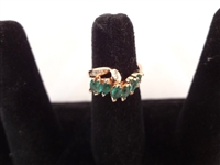 14K Gold Ring (7) Marquise Cut Emeralds 6x3mm (18) Diamond Baguettes Size 6.5