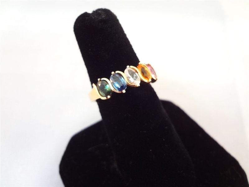 14K Gold Ring (5) Oval Rainbow Sapphires 6x4mm Ring Size 7.75