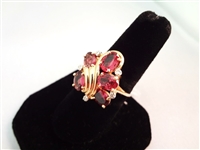 14K Gold Ring (5) Oval Tourmaline 7x5mm, (5) Diamond Chips Ring Size 7.75