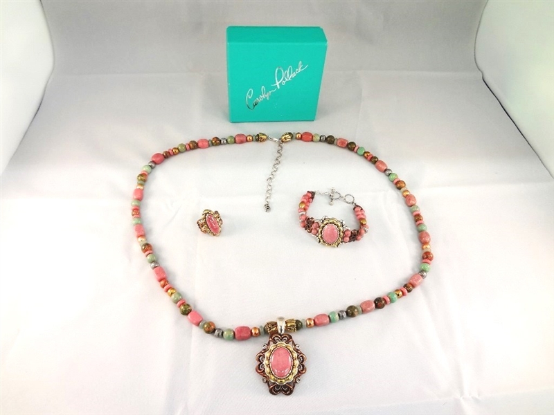 Carolyn Pollack Sterling Rhodochrosite Necklace, Pendant, Ring, Bracelet Jewelry Set