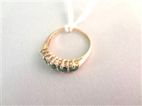 14K Gold Ring (5) Round Emeralds 2mm, (8) Diamond Chips Ring Size 6.75