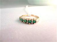 14K Gold Ring (5) Round Emeralds 2mm, (8) Diamond Chips Ring Size 6.75