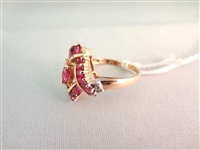 14K Gold Ring (1) Marquise Cut Ruby, (23) Ruby Baguettes, (4) Diamond Chips Ring Size 7.5