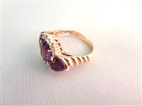 14K Gold Ring (1) Oval Amethyst 8x10mm, (2) Heart Amethyst 6x6mm, (12) Diamond Chips Ring Size 6