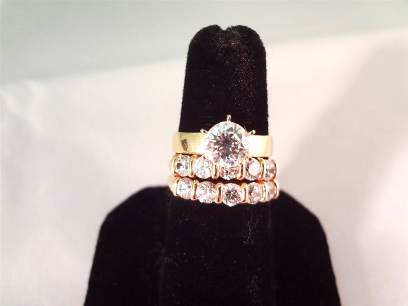 14K Gold (3) Band Wedding Set (1) Center Cubic Zirconia (2): (5) Round CZ Bands Ring Size 6.5, 6.75