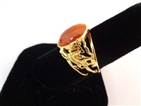 14K Gold Oval Red Jade Cabochon Cocktail Ring Dragon Pierce Carved Band Ring Size 8