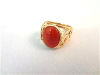 14K Gold Oval Red Jade Cabochon Cocktail Ring Dragon Pierce Carved Band Ring Size 8