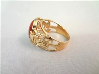14K Gold Oval Red Jade Cabochon Cocktail Ring Dragon Pierce Carved Band Ring Size 8