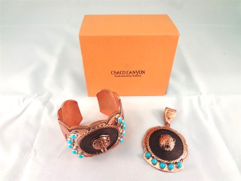 Chaco Canyon Large Chunky Sterling and Turquoise Running Bear Cuff Bracelet and Matching Pendant