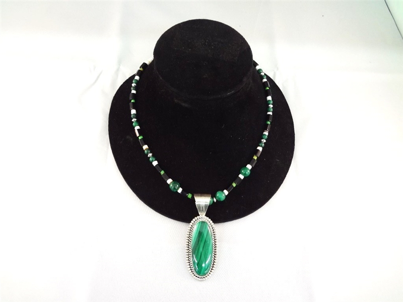 Running Bear Southwest Sterling Malachite Oval Cabochon Pendant and Necklace