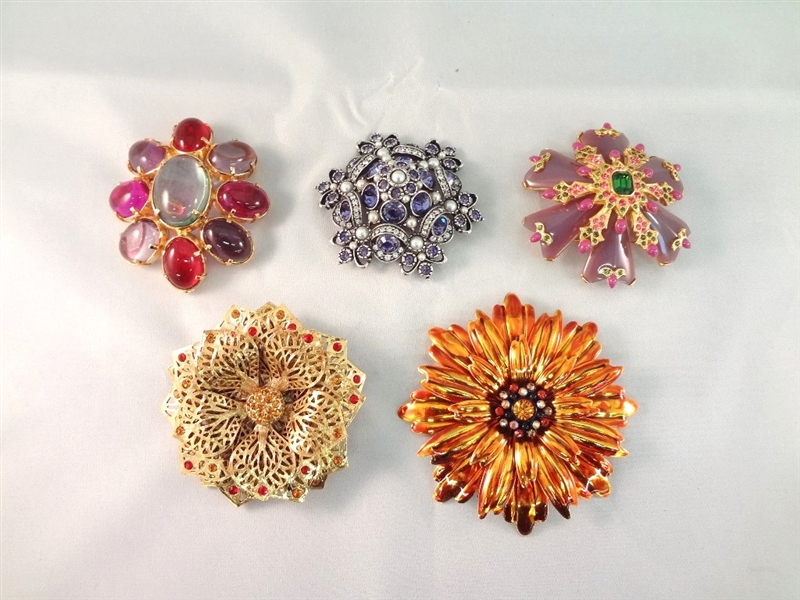 Joan Rivers (5) Large Oversize Floral Enamel Rhinestone Brooches