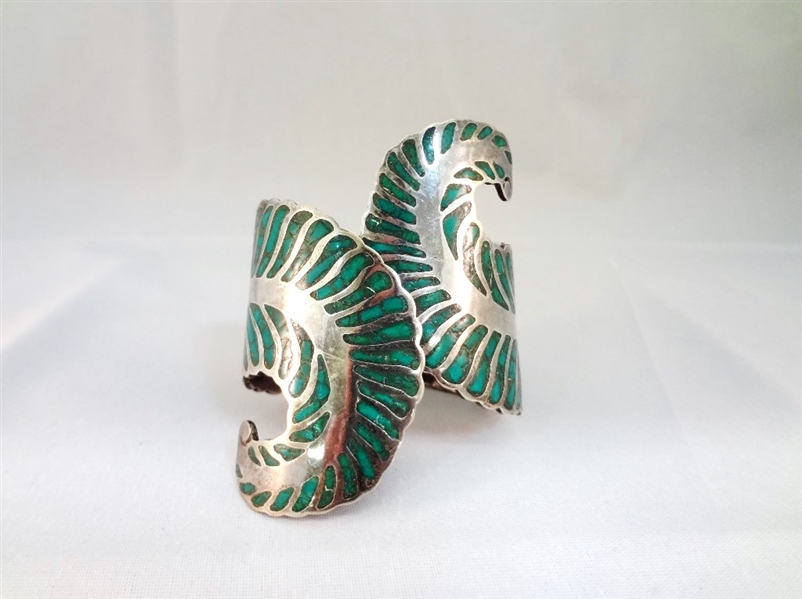 Antonio Reina AAR Taxco Mexican Sterling Leaf Turquoise Cuff Hinged Bracelet
