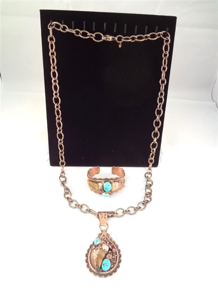 Running Bear Tiger Eye Sterling Copper Bear Claw Pendant Necklace and Cuff Bracelet