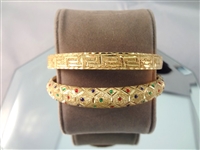 (2) 14K Gold Bangle Bracelet: Etched Design, and Small Colored Gemstones .58 Troy Ounces
