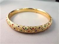 (2) 14K Gold Bangle Bracelet: Etched Design, and Small Colored Gemstones .58 Troy Ounces