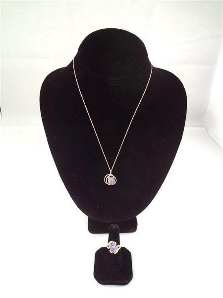 10K Gold Pendant, Necklace, Ring Set Purple Cabochon Total Weight .48 Troy Ounces