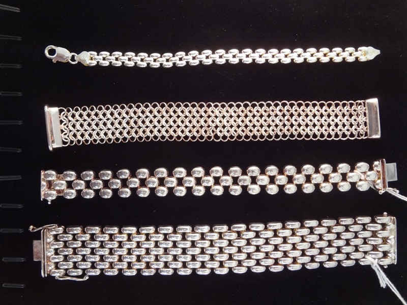 (4) Italian Sterling Silver Panther Style Bracelets TW 3.88 Troy Ounces
