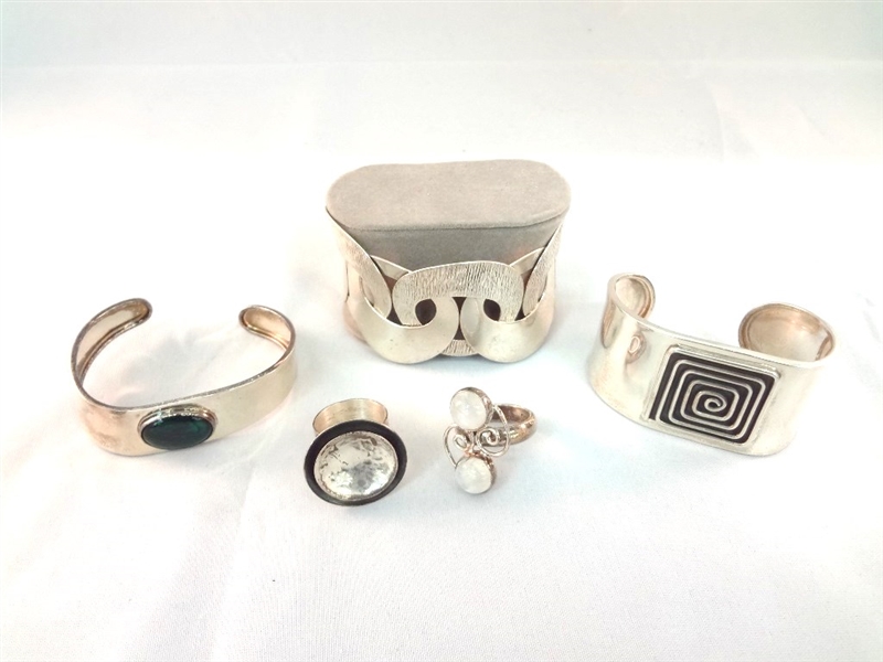 Dominique Dinouart Mexican Sterling Silver (3) Cuff bracelets, (2) Rings