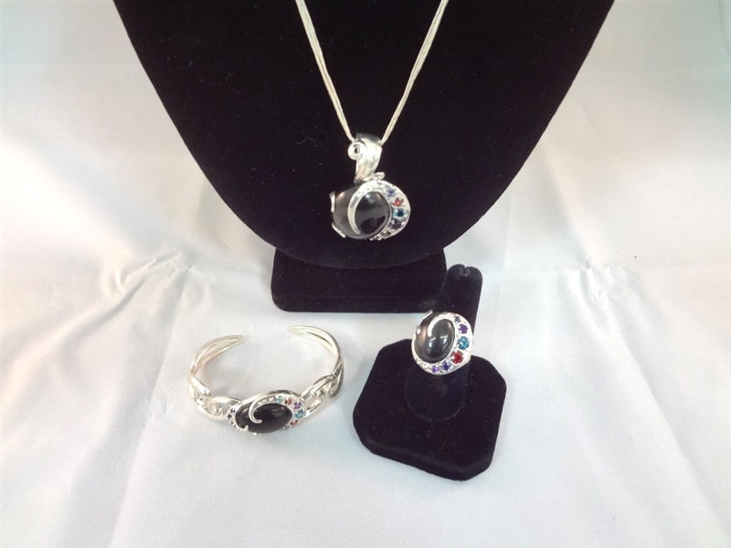 Carolyn Pollack Vintage Sterling Onyx Jewelry Suite Necklace, Pendant, Ring, Bracelet