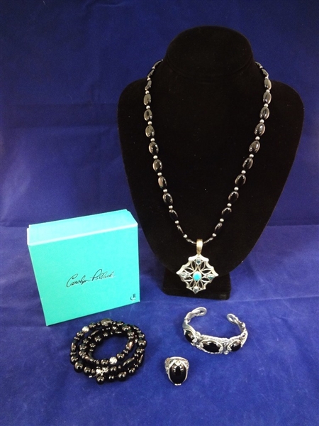 Carolyn Pollack Sterling Silver Onyx Jewelry Suite: Necklace, Pendant, Ring, (2) Bracelet