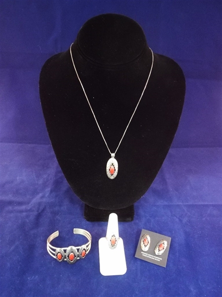 Southwest Sterling Silver Red Coral Jewelry Suite Necklace, Bracelet, Pendant, Earrings, Ring