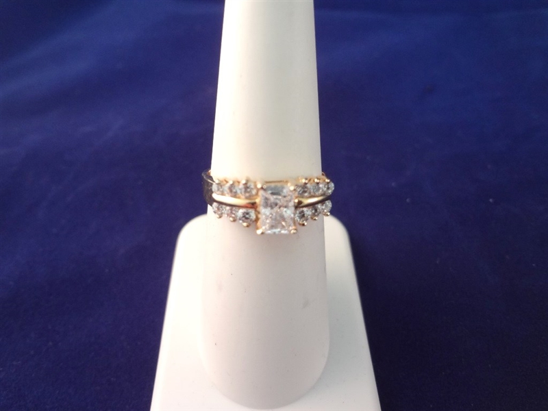 14K Gold Ring Center CZ Emerald Cut 6x4mm, (12) Small Rounds