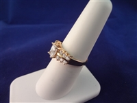 14K Gold Ring Center CZ Emerald Cut 6x4mm, (12) Small Rounds