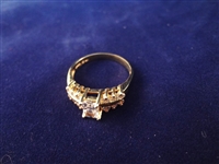 14K Gold Ring Center CZ Emerald Cut 6x4mm, (12) Small Rounds