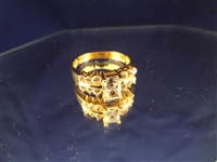 14K Gold Ring Center CZ Emerald Cut 6x4mm, (12) Small Rounds