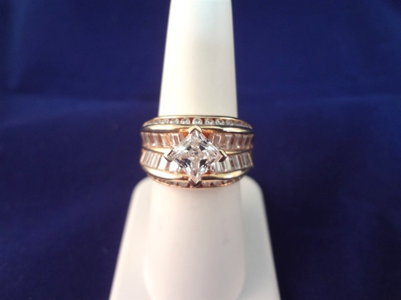 14K Gold CZ Wide Band Ring Center Stone 7x7mm Size 6.75 