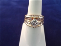 14K Gold CZ Wide Band Ring Center Stone 7x7mm Size 6.75 