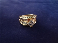 14K Gold CZ Wide Band Ring Center Stone 7x7mm Size 6.75 